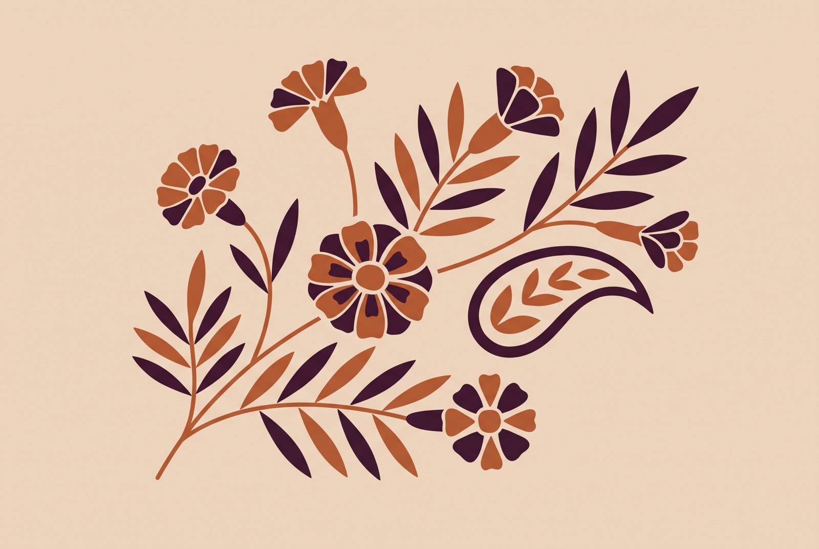 Flat illustration of marigold blossoms and henna leaves in copper and plum