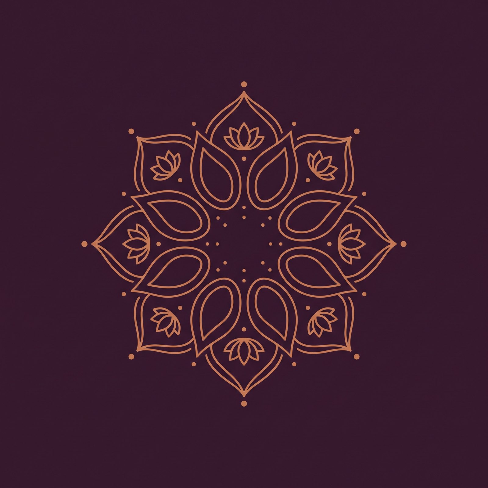 Copper mehndi mandala motif on deep plum, the salon's henna signature